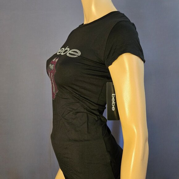 Bebe Top Black Rhinestone T shirt Lips Mouth Size M Short Sleeve Y2K Mcbling - Picture 4 of 7